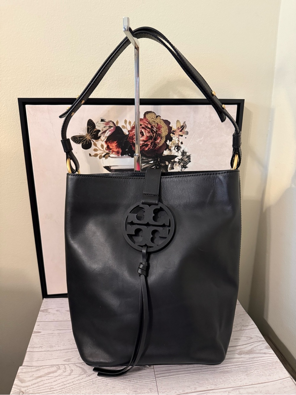 Tory Burch Black Leather Miller Hobo Bucket Bag Tassel Logo